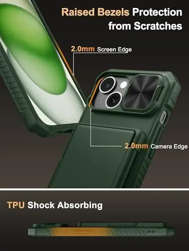 Vihibii iPhone 15/14/13 uchun hamyon gʻilofi, oʻrnatilgan karta ushlagichi (4 ta karta), RFID blokirovkasi va slaydli kamera qopqogʻi, harbiy darajadagi tushishdan himoya, TPU yumshoq qirrali telefon gʻilofi, yashil - 6
