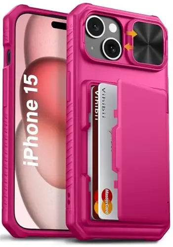 Vihibii iPhone 15/14/13 uchun kartochka hamyonli g‘ilofi (4 ta kartochka), RFID blokirovka va sirg‘aluvchi kamera qopqog‘i va ko‘tarilgan qirralar ekranni himoya qiladi, zarbga chidamli telefon g‘ilofi, och pushti - 1