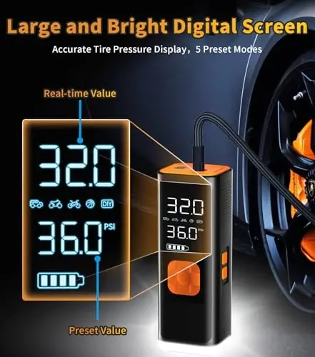 VIL Shina Inflator Portativ Havo Kompressori, Avtomobil Shinalari uchun 12V DC Havo Nasosi, Bosim o'lchagich/LED yoritgichli 150PSI Portativ Havo Kompressori, Avtomobil, SUV, Pikap Yuk mashinasi, Moto uchun 20000MAH Portativ Shinalar Inflatori - 3
