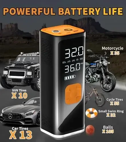 VIL Shina Inflator Portativ Havo Kompressori, Avtomobil Shinalari uchun 12V DC Havo Nasosi, Bosim o'lchagich/LED yoritgichli 150PSI Portativ Havo Kompressori, Avtomobil, SUV, Pikap Yuk mashinasi, Moto uchun 20000MAH Portativ Shinalar Inflatori - 4