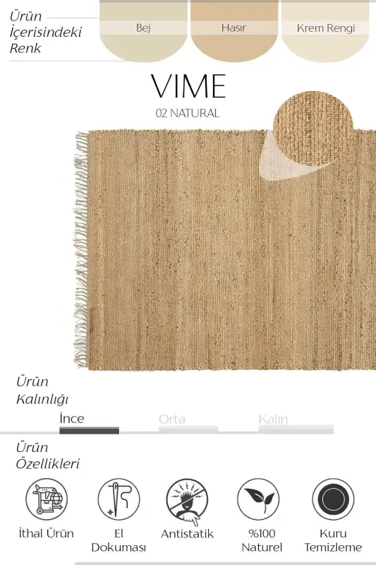 Vime 02 Natural Jüt Xalı Yo'lak El To'quv Jüt Kilim Hasır Xalı Dekor Otantik Xalı Bohem El Xalısı-Natural2 - 2