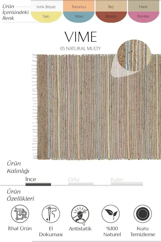 Vime 05 Natural Multi Jüt Halı Yolluk El Dokuma Jüt Kilim Hasır Halı Bohem El Halısı Otantik Halı-Renkli - 2