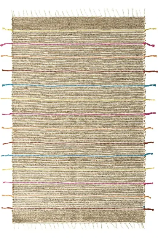Vime 05 Natural Colored Fringed Jute Rug Hand Woven Jute Kilim Straw Rug Handmade Rug Authentic Rug Sss-Colored2 - 1