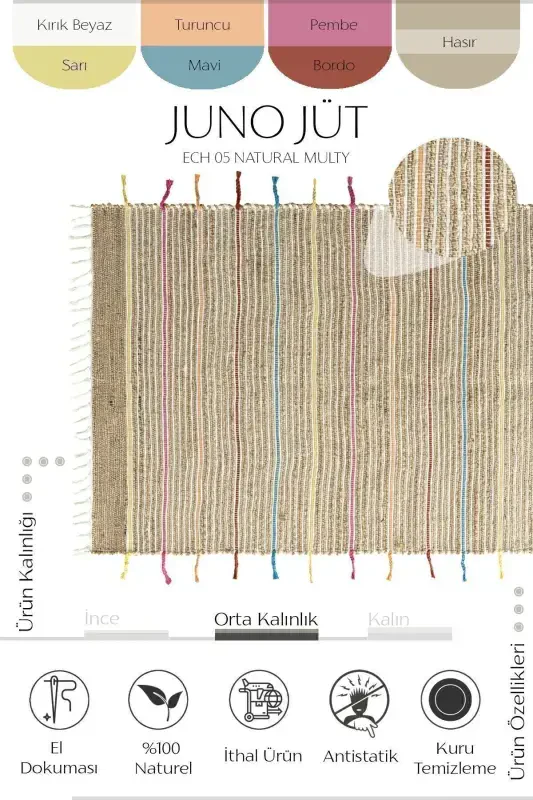 Vime 05 Natural Colored Fringed Jute Rug Hand Woven Jute Kilim Straw Rug Handmade Rug Authentic Rug Sss-Colored2 - 2