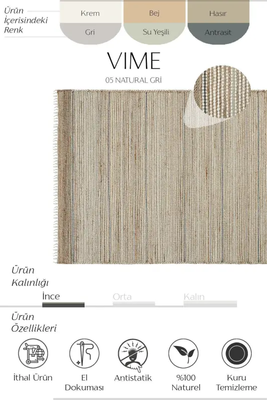 Vime 05 Natural Gri Jüt Halı Yolluk El Dokuma Jüt Kilim Hasır Halı Bohem El Halısı Otantik Halı-GRİ - 2
