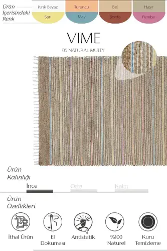 Vime 05 Natural Multi Jute Rug Runner Hand Woven Jute Kilim Straw Rug Bohemian Rug Authentic Rug-Colorful - 2