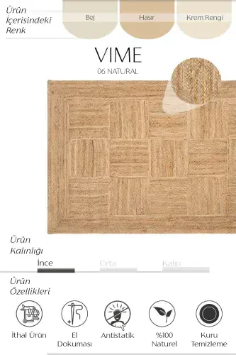 Vime 06 Natural Jüt Halı Yolluk El Dokuma Jüt Kilim Hasır Halı Dekor Otantik Halı Bohem El Halısı-Natural 6 - 3