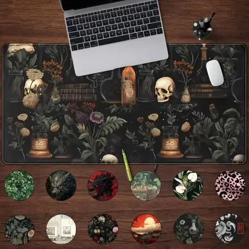 Vintage Aesthetic XL Extended Large Gaming Mouse Pad - Black Academia Mystical Green Plant Design - Computer Laptop Keyboard and Mouse Mat Desktop Protector - 31.5 x 15.8 in - 2