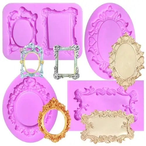 Vintage Frame Silicone Molds Baroque Photo Frame Chocolate Fondant Molds Decorative Oval and Rectangle Shapes, 4-Piece Set, Purple, for Cake Decorating Cupcake Topper Gum Paste Candy Polymer Clay 