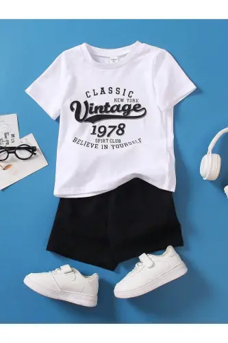 Vintage Cotton Children's Set- White T-shirt Black Shorts Printed Girl Boy Kids Summer Crew Neck-Black - 1