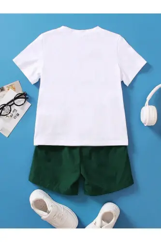 Vintage Cotton Children's Set - White T-shirt Navy Shorts Printed Girl Boy Kids Summer Bike Collar - 3