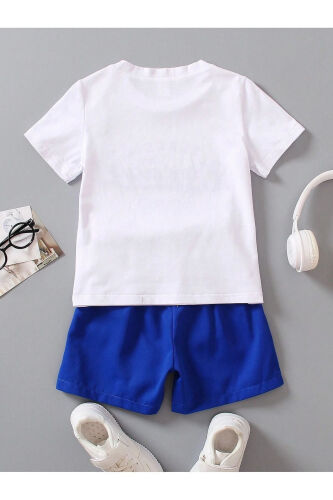 Vintage Cotton Children's Set - White T-shirt Sax Sweatpants Printed Girl Boy Children Summer Bicycle Collar - DUBU BUTİK (1)