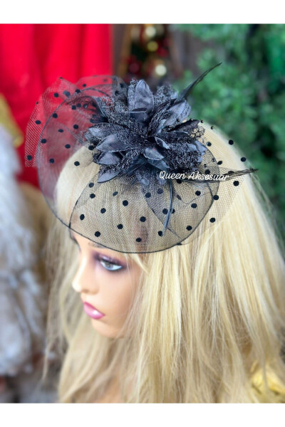 Vintage Custom Design Bridal Veil Flowered Tulle Hat Hair Accessory Clip Barrette Black - 4