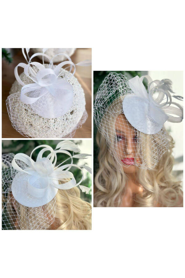 Vintage Custom Design Bridal Wedding Invitation Veil Tulle Feathered Hat Hair Accessory Clip Cap Buckle White - 1