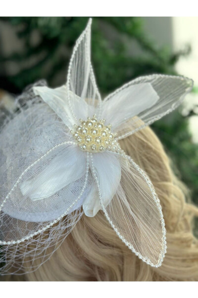 Vintage Custom Design Bridal Wedding Veil with Flowers Lace Hat Hair Accessory Clip White - 2