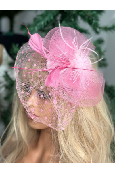 Vintage Custom Design Wedding Bridal Invitation Veil Tulle Feather Hat Hair Accessory Clip Pink - 2