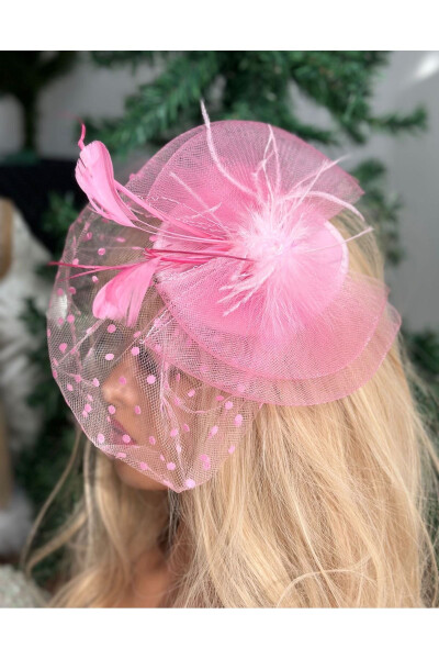 Vintage Custom Design Wedding Bridal Invitation Veil Tulle Feather Hat Hair Accessory Clip Pink - 4