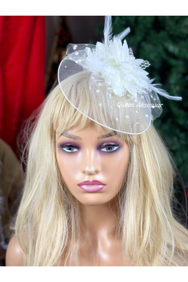 Vintage Custom Designed Bridal Veil Flowered Tulle Hat Hair Accessory Clip Hat Buckle Cream - 1