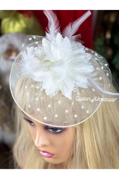 Vintage Custom Designed Bridal Veil Flowered Tulle Hat Hair Accessory Clip Hat Buckle Cream - 4