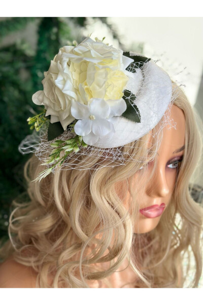 Vintage Custom Designed Bridal Veil Hat Hair Accessory with Artificial Flowers, Clip-on Cap Clasp White - 1