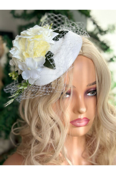 Vintage Custom Designed Bridal Veil Hat Hair Accessory with Artificial Flowers, Clip-on Cap Clasp White - 3