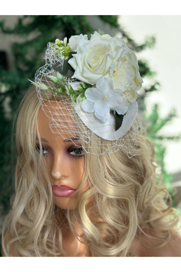 Vintage Custom Designed Bridal Veil Hat Hair Accessory with Artificial Flowers, Clip-on Cap Clasp White - 4