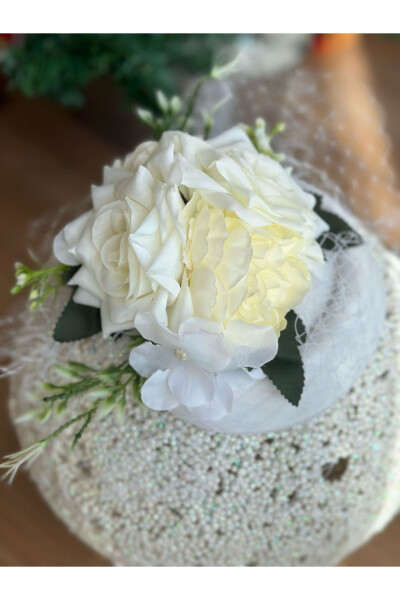 Vintage Custom Designed Bridal Veil Hat Hair Accessory with Artificial Flowers, Clip-on Cap Clasp White - 5