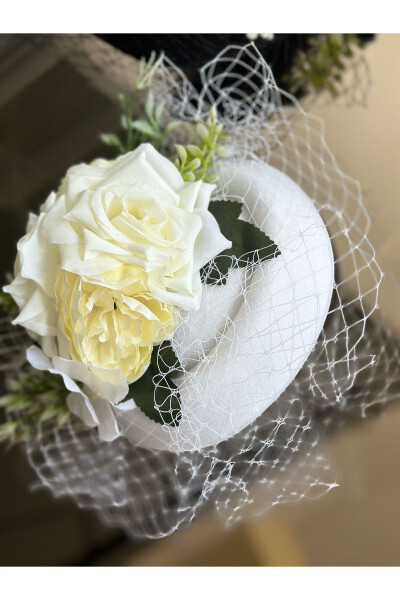 Vintage Custom Designed Bridal Veil Hat Hair Accessory with Artificial Flowers, Clip-on Cap Clasp White - 6