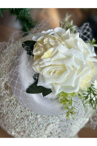 Vintage Custom Designed Bridal Veil Hat Hair Accessory with Artificial Flowers, Clip-on Cap Clasp White - 8