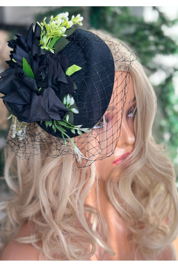 Vintage Custom Designed Bridal Veil Hat with Artificial Flowers Hair Accessory Clip Hat Buckle Black - 1