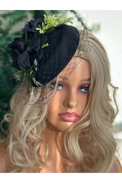 Vintage Custom Designed Bridal Veil Hat with Artificial Flowers Hair Accessory Clip Hat Buckle Black - 2