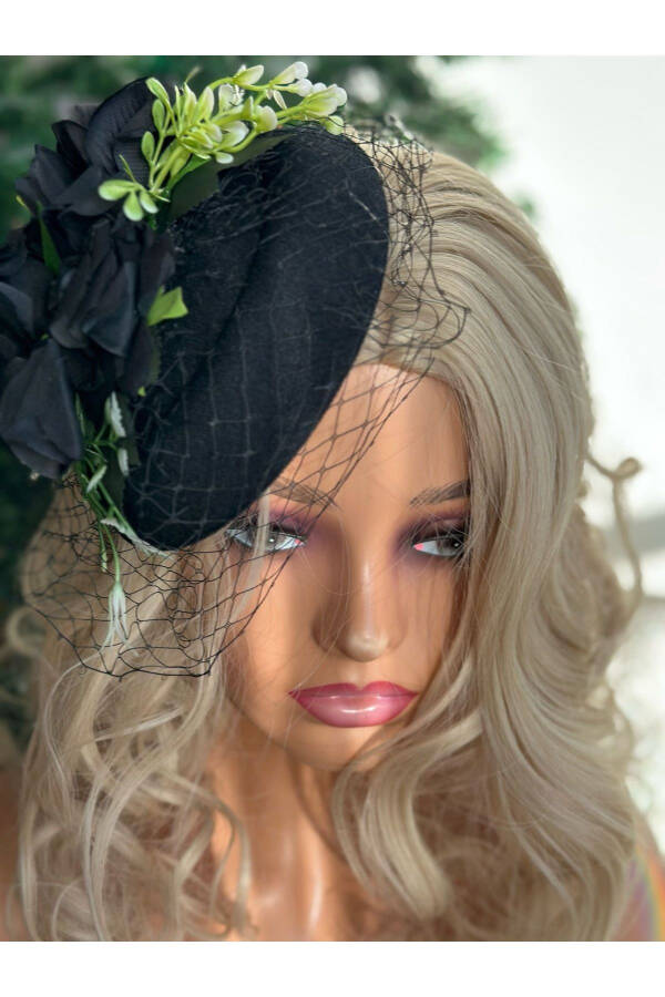 Vintage Custom Designed Bridal Veil Hat with Artificial Flowers Hair Accessory Clip Hat Buckle Black - 4