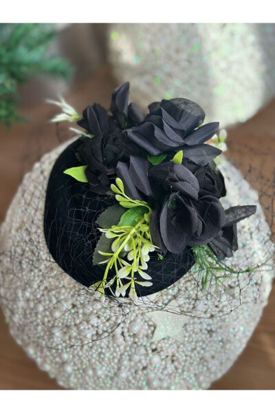 Vintage Custom Designed Bridal Veil Hat with Artificial Flowers Hair Accessory Clip Hat Buckle Black - 5