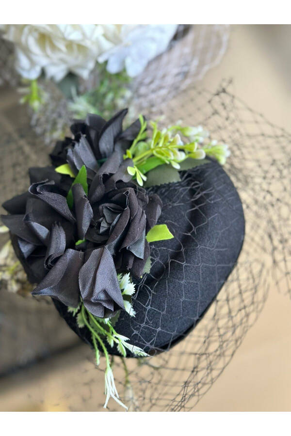 Vintage Custom Designed Bridal Veil Hat with Artificial Flowers Hair Accessory Clip Hat Buckle Black - 7