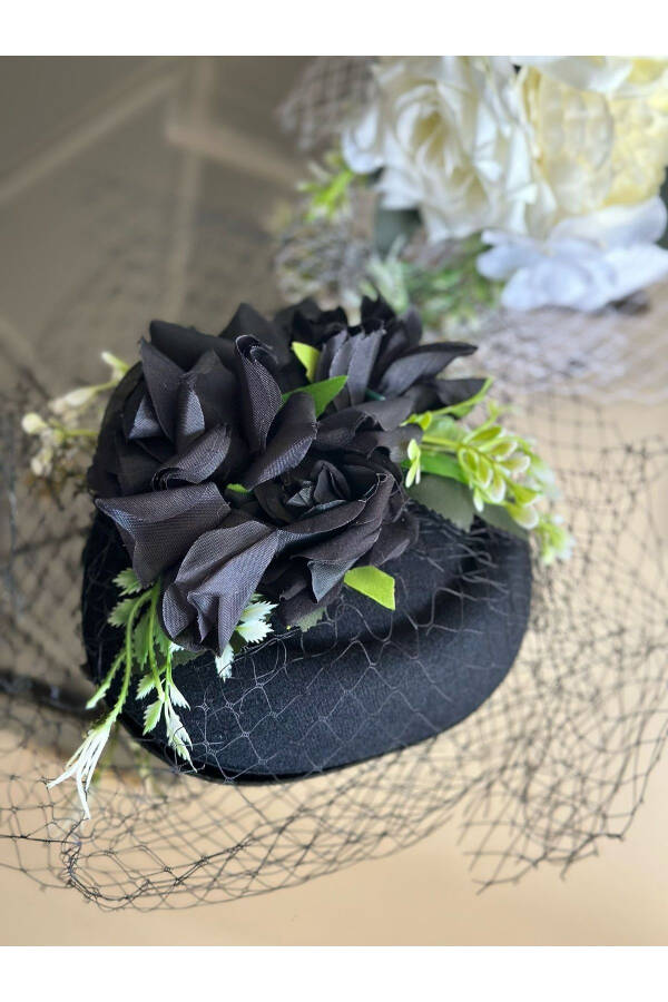 Vintage Custom Designed Bridal Veil Hat with Artificial Flowers Hair Accessory Clip Hat Buckle Black - 8