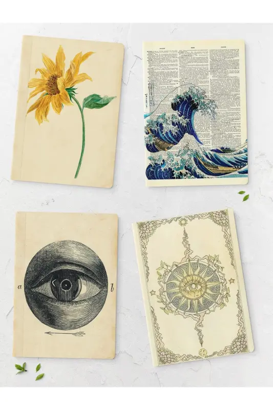 Vintage Defter Seti - 4 Adet - 14cm*20cm - 64 Sayfa - Çizgisiz - Vintage - POSTIFULL