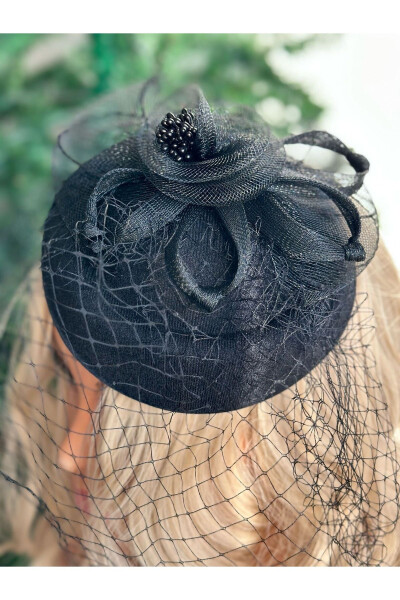 Vintage Design Bridal Wedding Long Tulle Veil Pearl Flower Hat Hair Accessory Clip Hairpin Black - 3