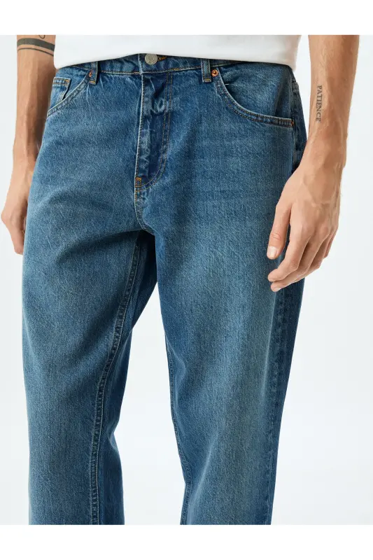 Vintage Straight Bol Jean Pantolon Cep Detaylı Pamuklu-İndigo - 5