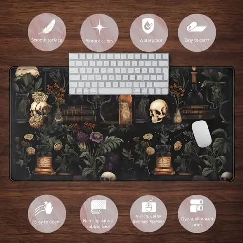 Vintage Aesthetic XL Extended Large Gaming Mouse Pad - Black Academia Mystical Green Plant Design - Computer Laptop Keyboard and Mouse Mat Desktop Protector - 31.5 x 15.8 in - 6