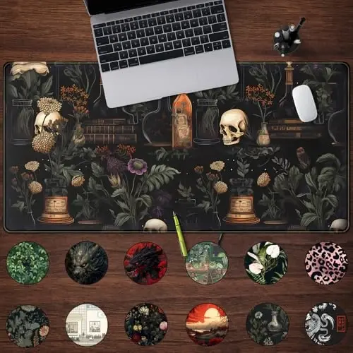 Vintage Aesthetic XL Extended Large Gaming Mouse Pad - Black Academia Mystical Green Plant Design - Computer Laptop Keyboard and Mouse Mat Desktop Protector - 31.5 x 15.8 in - MECHANICAL CATTLE (1)