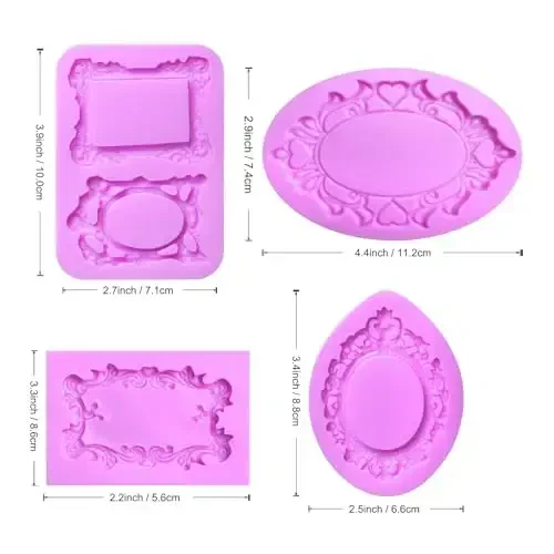Vintage Frame Silikon Qoliplar Barokko Foto Ramka Shokoladli Fondant Qoliplari Dekorativ Oval va To'rtburchak Shakllar, 4 qismli to'plam, Binafsha, Tort bezash uchun Kek Topper Gum Pasta Konfet Polimer Loy - 2