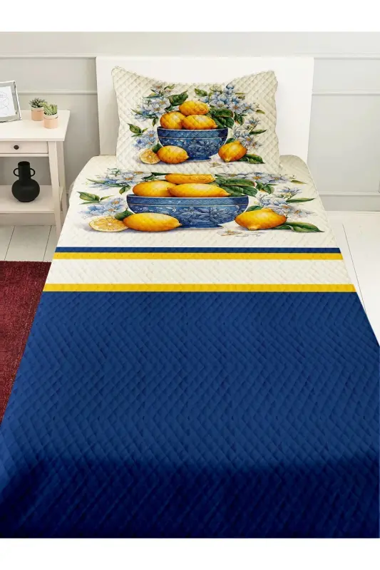 Vintage Limonlar Desenli Baskılı Bir Kishilik va Bolalar Pike Takimi-Desen - ELSE DEKOR