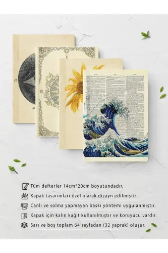 Vintage Notebook Set - 4 Pieces - 14cm*20cm - 64 Pages - Unlined - Vintage - POSTIFULL (1)