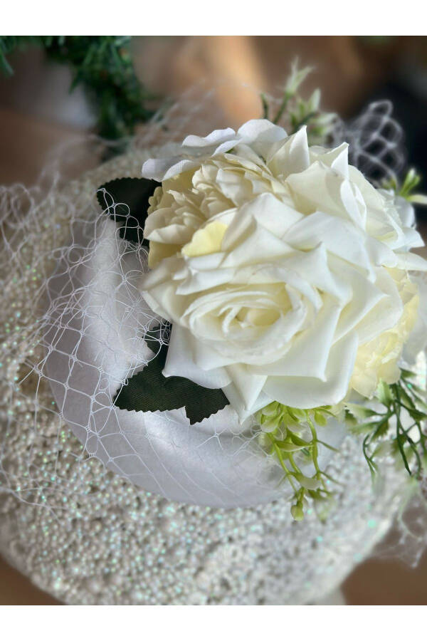 Vintage Özel Tasarım Gelin Nikah Tül Duvaklı Yapay Çiçekli Şapka Saç Aksesuarı Pensli Kep Toka Beyaz - 8