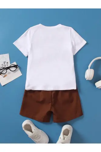 Vintage Pamuklu Çocuk Takım - Beyaz T-shirt Kahve Şort Baskılı Kız Erkek Çocuk Yazlık Bisiklet Yaka - Beyaz Kahverengi - DUBU BUTİK (1)
