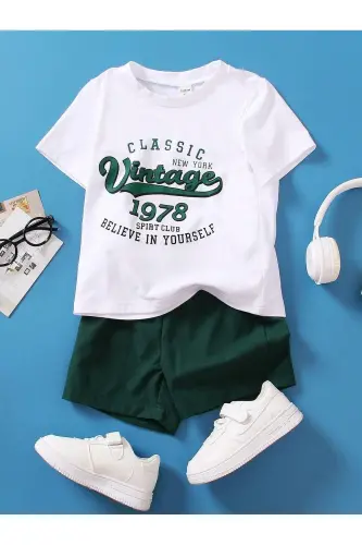 Vintage Pamuklu Çocuk Takım - Beyaz T-shirt Nefti Şort Baskılı Kız Erkek Çocuk Yazlık Bisiklet Yaka - Beyaz Nefti Yeşil - DUBU BUTİK (1)