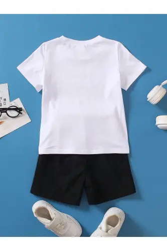 Vintage Pamuklu Çocuk Takım- Beyaz T-shirt Siyah Şort Baskılı Kız Erkek Çocuk Yazlık Bisiklet Yaka - Siyah - DUBU BUTİK (1)