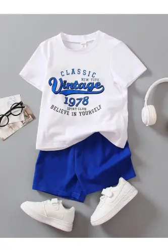Vintage Baskılı Pamuklu Çocuk Takım - Beyaz T-shirt Sax Şort Kız Erkek Çocuk Yazlık Bisiklet Yaka - Beyaz Saks Mavi - DUBU BUTİK (1)