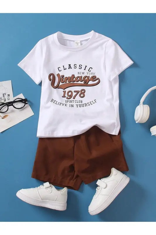 Vintage Paxta Bolalar To'plami - Oq T-shirt Jigarrang Shortlar Bosilgan Qiz O'g'il Bolalar Yozi Velosiped Yoqasi - 4