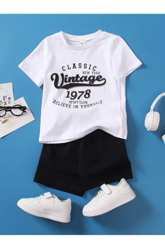 Vintage Printed Cotton Kids Black Shorts White T-shirt Set - Kids Summer Polo Collar - CLAYES